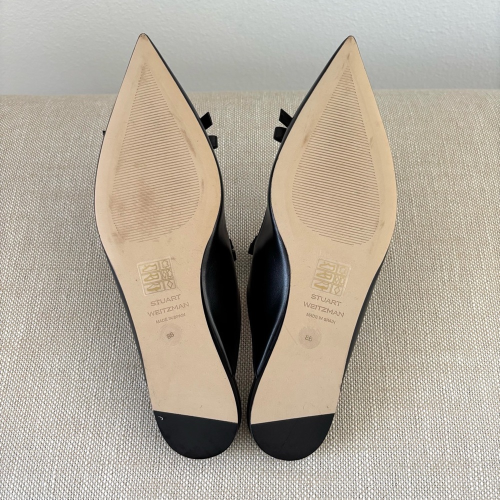 Stuart Weitzman Reese Flat Slide NIB Black Leather Mary-Jane Bows Pointy Toes 8 - Picture 13 of 15